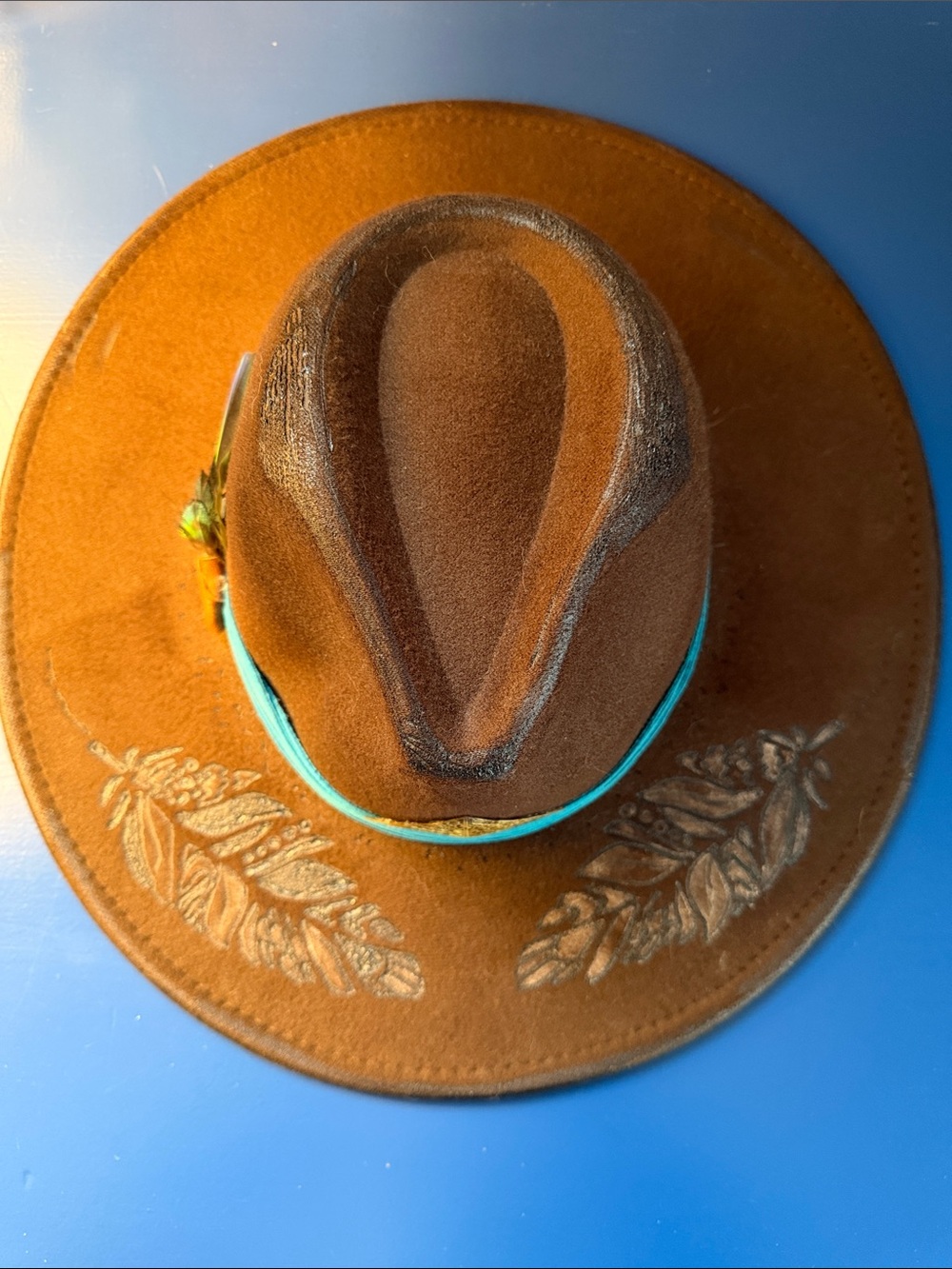 Custom Brown Western Fedora with Turquoise Suede Band Feather Gold Gingko